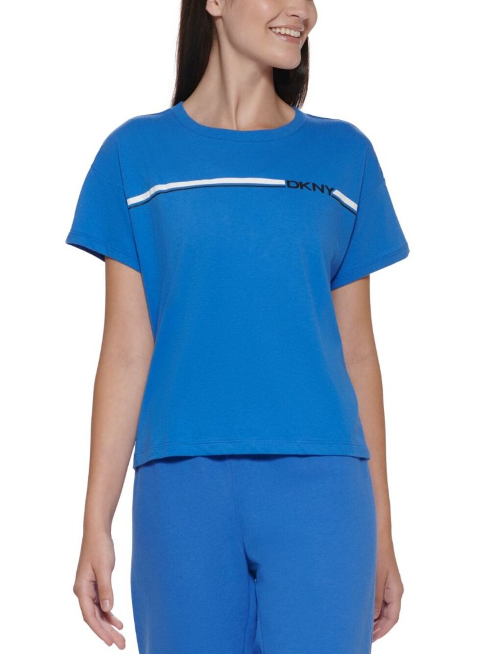 DKNY Womens Cotton Logo-Stripe Cropped T-Shirt Color Azul